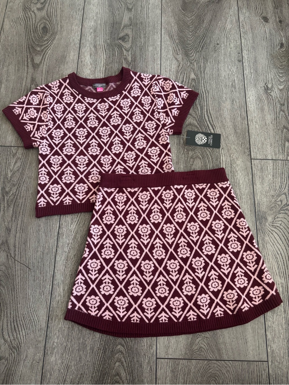 Vince camuto Kids Two-Piece Knit Floral Set - Maroon & Pink